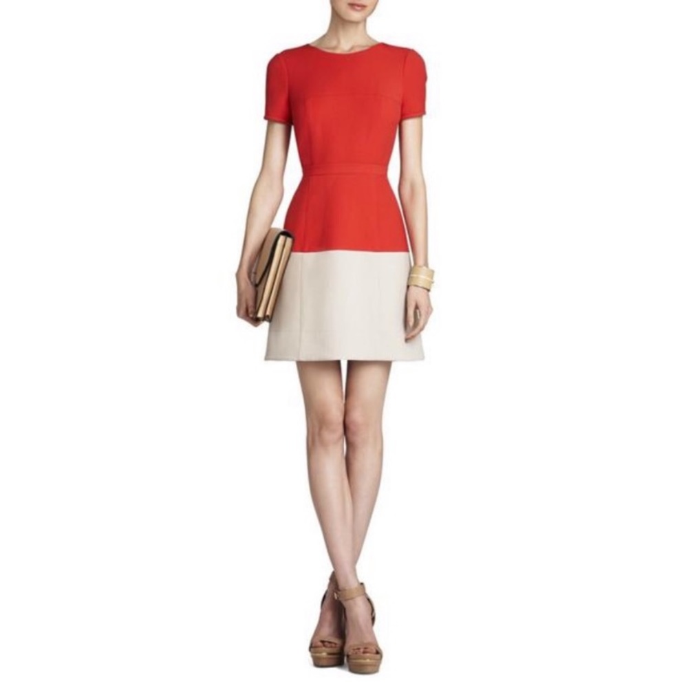 BCBGMaxAzaria Dress-Red Cream Hannah Color Block Short Casual Dress